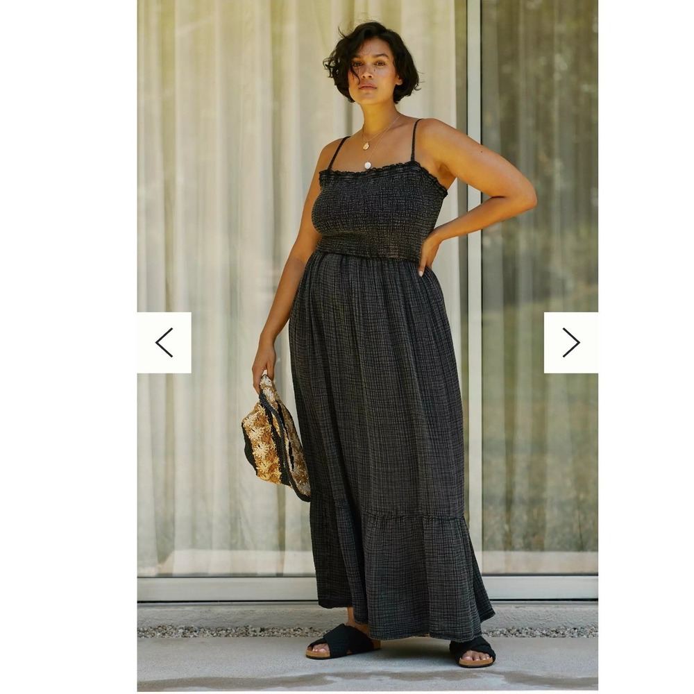 Anthropologie Smocked Gauze Maxi Dress Black Tiered Boho 2X